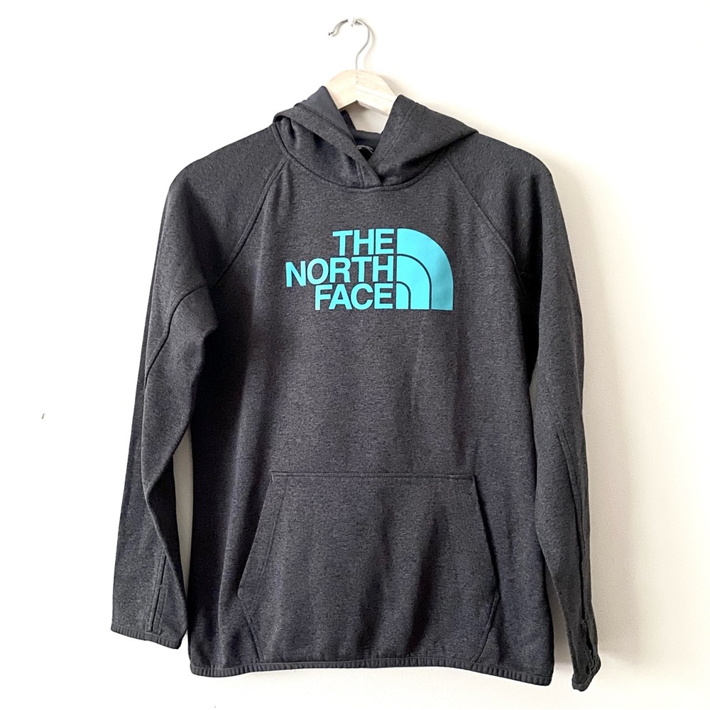 The North Face Dark Charcoal Grey Green Logo Pull Over Hoodie